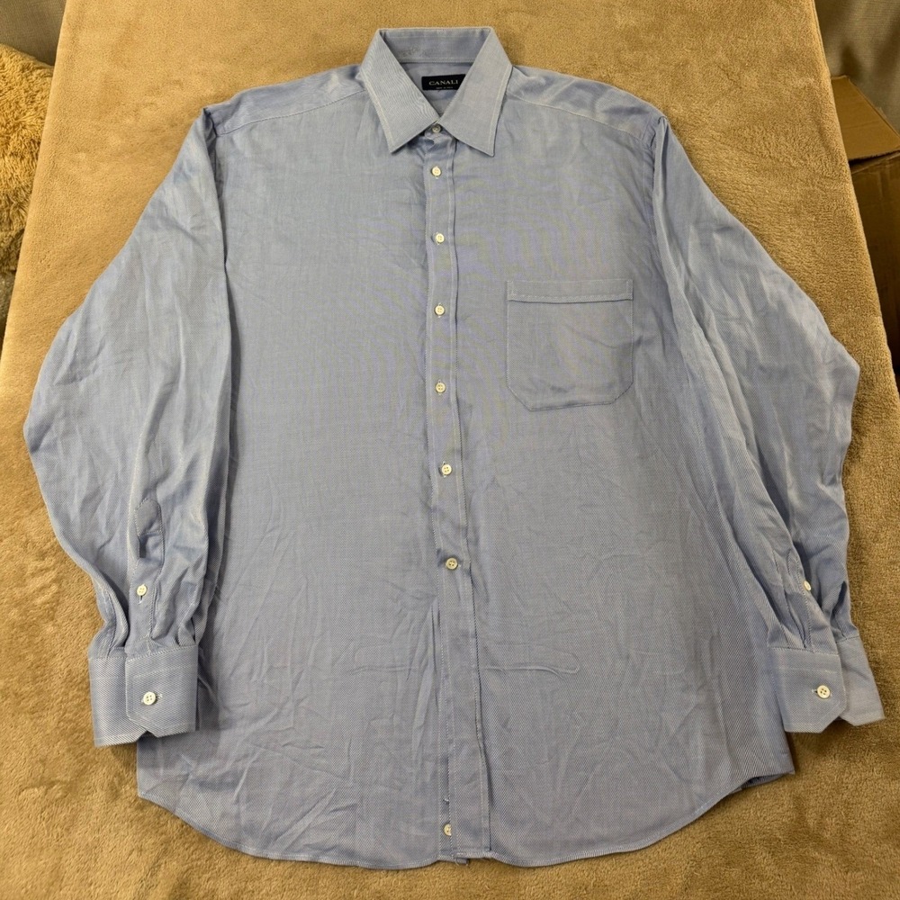 Canali Dress Shirt Mens Size 43/17 Blue Gray Micro Stripes Long Sleeve Button Up